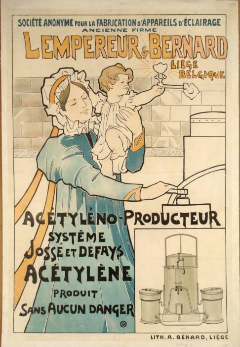 Lempereur & Bernard Acetylene Vintage French Poster: This original poster portrays the production of acetylene, and its carbide fuel for lamps. The machine is shown right next to a woman and child, emphasizing its safety. Medium: Litho on paper, on line
