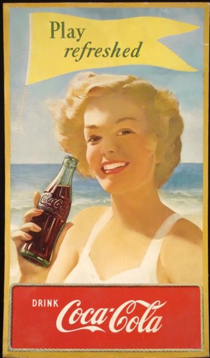 Coke Vintage Original Poster Play Refreshed Coca-Cola: This is an original vintage Coca-Cola advertising poster. The girl at the beach here invites you to "Play refreshed," and her playful smile certainly makes for a refreshing scene. Medium: Litho on boa