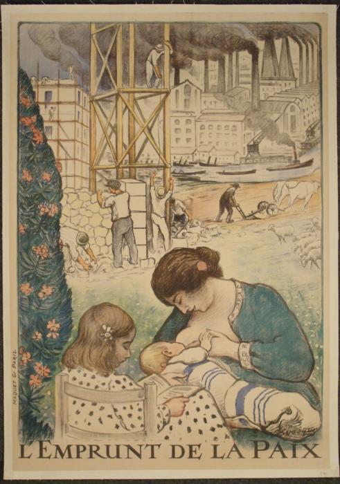 LEmprunt deLapaix Orig Vintage Poster WWI Lebasque: This is known as the "Peace Drive" poster, designed by noted French artist Henri Baptiste Lebasque to promote the rebuilding of Europe following WW I. A woman with infant and child sits comfortably in