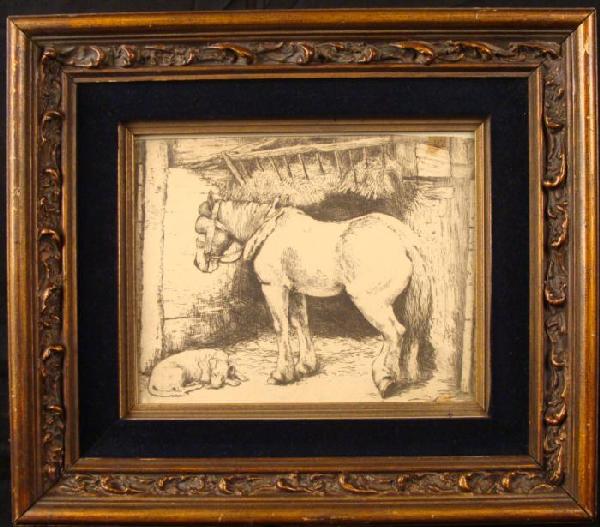 Horse In Stable Vintage Farm Art Print Framed: This print portrays a young horse in a stable, with hay loft overhead, and sleeping dog on the ground. Image size: 7 1/2" x 9 1/2" Framing: In decorative wood frame with black felt inner border Frame 