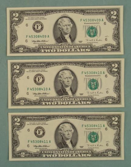 (3) Consec # 1995 $2 Bill Notes F Mint (Atlanta) CU: (3)1995 $2 Notes, all with consecutive serial numbers Mint mark: F (Atlanta) Grade: Crisp, Uncirculated*The bills you will receive will look different from that in the photo