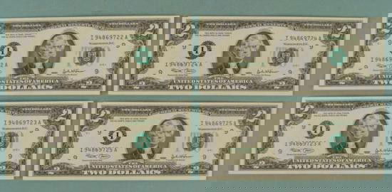 4) 2003 Consec # $2 Bills Two Dollar Notes I Mint MN CU: Group of 4 2003 $2 Notes with consecutive serial numbers Mint mark: I (Minneapolis)Condition: Crisp Uncirculated* Serial number may be different from those pictured