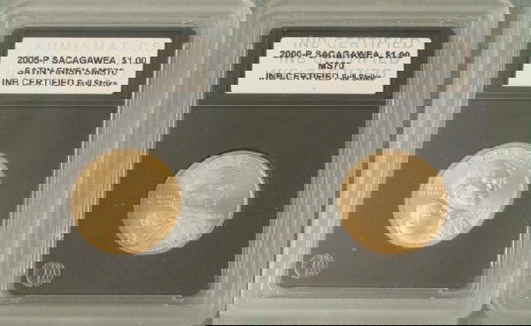 2000-P + 2005-P Sacagawea Slabbed Dollars Coins: 2000-P + 2005-P Sacagawea dollarsGrade: Mint State 70Details: 2005-P Marked "Satin Finish"INB Certified