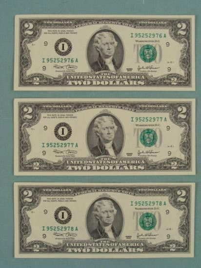 3) 2003 Consec # $2 Notes Two Dollar Bills I Mint MN CU: 3) 2003 $2 Bills with consecutive serial numbers Mint mark: I (Minneapolis)Condition: Crisp Uncirculated* Serial number will be different from that shown