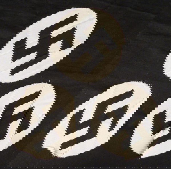 WWII NAZI- 3 ORIGINAL SWASTIKA DISCS FOR FLAGS UN-SEWN: HERE ARE THREE NICE WWII NAZI PERIOD SWASTIKAS. THEY ARE ON A WHITE BACKGROUND AND WERE MEANT TO BE SEWN ONTO NAZI FLAGS. IT WAS TAKEN BY A GI FROM WAREHOUSE