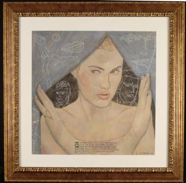 Walter Fydryck Gemini Astrological Zodiac Art Print: This print is a portrait of a female Gemini, parting curtains that appear to represent two sides of the dual natured sign. All around are mysterious constellations, and below is a forecast for the day