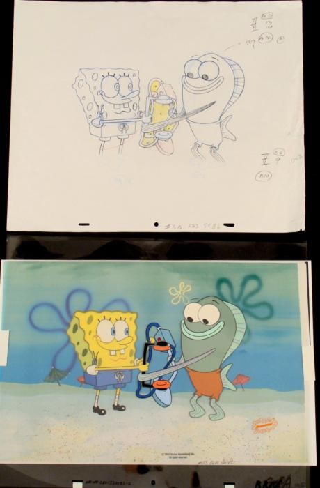 Original Drawing Cel Spongebob Animation Background Art: This original animation cel, drawing, and reproduction background are from the Nickelodeon TV show SpongeBob Squarepants. The story takes place under the deep blue sea in Bikini&n