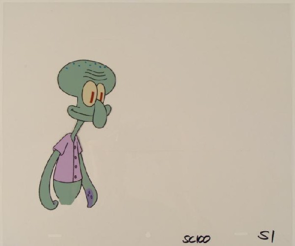 Pleased Squidward Original Animation SpongeBob Art Cel: This original animation cel is from the Nickelodeon TV show SpongeBob Squarepants. The story takes place under the deep blue sea in Bikini Bottom, where SpongeBob resides. Sp