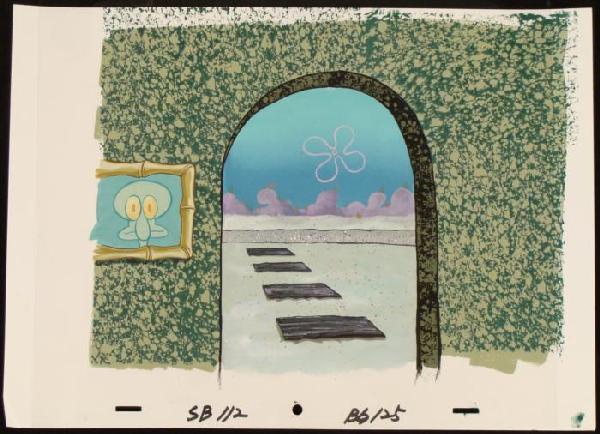 Front Door Original SpongeBob Animation Background Cel: This original hand-painted background and animation cel are from the Nickelodeon TV show SpongeBob Squarepants. The story takes place under the deep blue sea in Bikini B