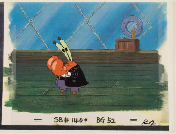 Looking Original SpongeBob Animation Background Cel Art: This animation cel and reproduction background and animation cel are from the Nickelodeon TV show SpongeBob Squarepants. The story takes place under the deep blue sea in Bikini&nb
