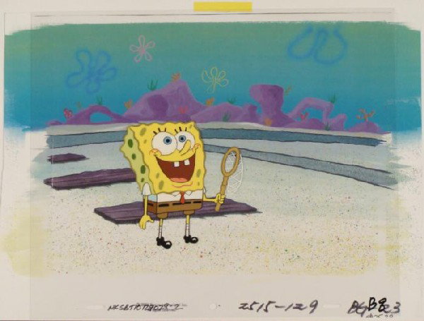 Jelly Net Production SpongeBob Background Cel Original: This animation cel and reproduction background are from the Nickelodeon TV show SpongeBob Squarepants. The story takes place under the deep blue sea in Bikini Bottom, where Sponge
