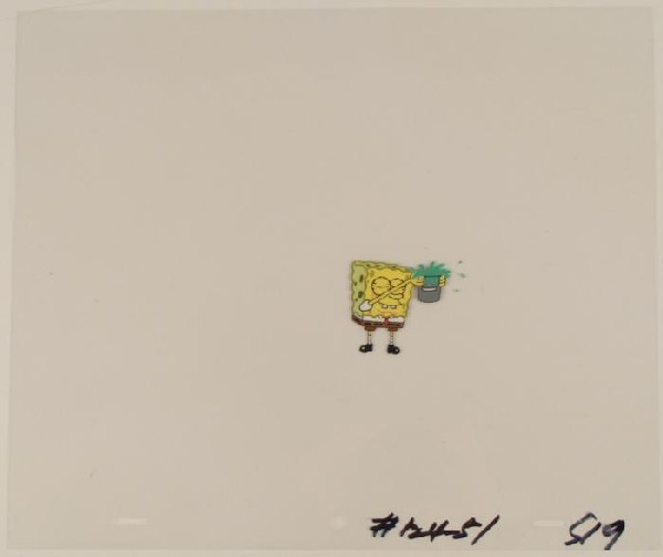 Animation Cel Spongebob Original Holding Green Paint: This original animation cel is from the Nickelodeon TV show SpongeBob Squarepants. The story takes place under the deep blue sea in Bikini Bottom, where SpongeBob resides. Sp