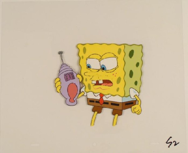 Production Cel SpongeBob Talking On Shell Original Art: This original animation cel is from the Nickelodeon TV show SpongeBob Squarepants. The story takes place under the deep blue sea in Bikini Bottom, where SpongeBob resides. Sp