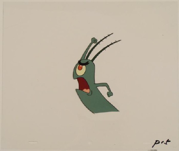 Produciton Art Fist Cel Original SpongeBob Plankton: This original animation cel is from the Nickelodeon TV show SpongeBob Squarepants. The story takes place under the deep blue sea in Bikini Bottom, where SpongeBob resides. Sp
