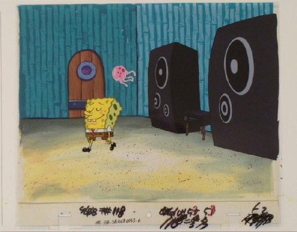 Speakers Original SpongeBob Background Animation Cel: This animation cel and reproduction background are from the Nickelodeon TV show SpongeBob Squarepants. The story takes place under the deep blue sea in Bikini Bottom, where Sponge