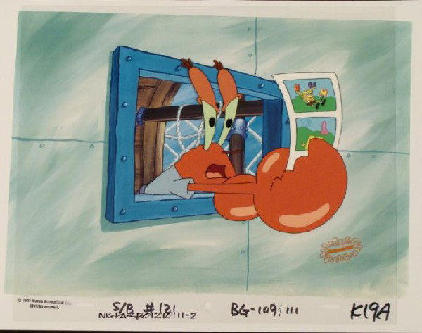 FUN Picture Original SpongeBob Animation Cel Background: This animation cel and reproduction background are from the Nickelodeon TV show SpongeBob Squarepants. The story takes place under the deep blue sea in Bikini Bottom, where Sponge