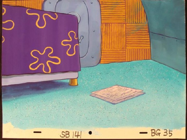 Newspaper Background Original Floor SpongeBob Animation: This original hand-painted background from the Nickelodeon TV show SpongeBob Squarepants. The story takes place under the deep blue sea in Bikini Bottom, where SpongeBob resi