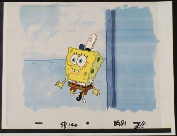Jolly SpongeBob Original Art Background Cel Animation: This animation cel and reproduction background are from the Nickelodeon TV show SpongeBob Squarepants. The story takes place under the deep blue sea in Bikini Bottom, where Sponge