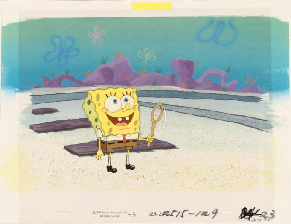 Original SpongeBob Animation Cel Fishing Background Art: This animation cel and reproduction background are from the Nickelodeon TV show SpongeBob Squarepants. The story takes place under the deep blue sea in Bikini Bottom, where Sponge