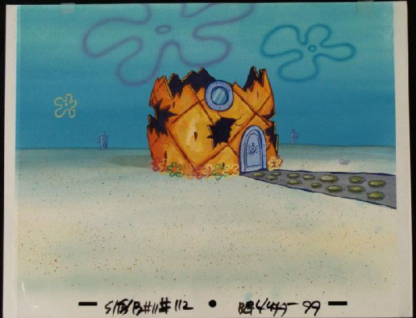 Destroyed House Original Background SpongeBob Animation: This original hand-painted background and animation cel are from the Nickelodeon TV show SpongeBob Squarepants. The story takes place under the deep blue sea in Bikini B