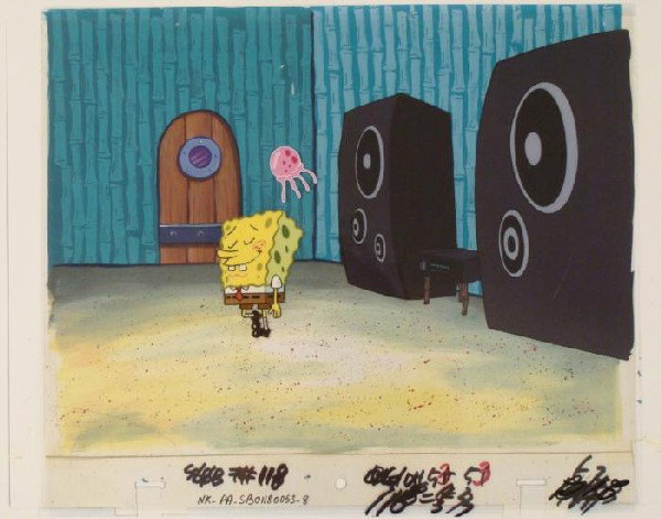 Over SpongeBob Production Original Art Cel Background: This animation cel and reproduction background are from the Nickelodeon TV show SpongeBob Squarepants. The story takes place under the deep blue sea in Bikini Bottom, where Sponge