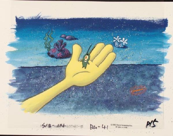 Original Cel In SpongeBob Hand Animation Art Background: This animation cel and reproduction background are from the Nickelodeon TV show SpongeBob Squarepants. The story takes place under the deep blue sea in Bikini Bottom, where Sponge