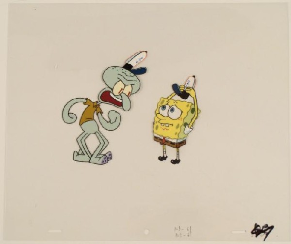 Animation Art SpongeBob Taking Off Original Hat Cel: This original animation cel is from the Nickelodeon TV show SpongeBob Squarepants. The story takes place under the deep blue sea in Bikini Bottom, where SpongeBob resides. Sp