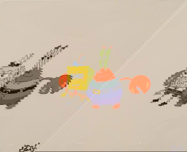 Arm Around SpongeBob Production Original Art Cel Cool: This original animation cel is from the Nickelodeon TV show SpongeBob Squarepants. The story takes place under the deep blue sea in Bikini Bottom, where SpongeBob resides. Sp