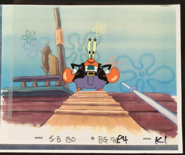 SpongeBob Animation Pirate Ship Cel Background Original: This animation cel and reproduction background are from the Nickelodeon TV show SpongeBob Squarepants. The story takes place under the deep blue sea in Bikini Bottom, where Sponge