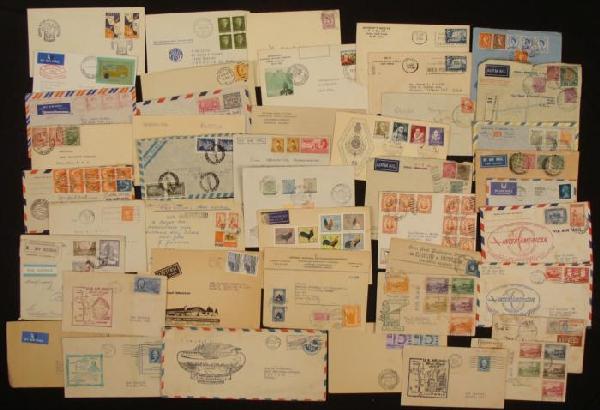 42 Foreign Air Mail Postmark Stamps Envelopes 1930s-: This group of 42 envelopes is all foreign air mail, all postmarked, and some with air mail marks. They date from the 1930's to the 1970's. They include a few First Flight, cross channel decimal issue,