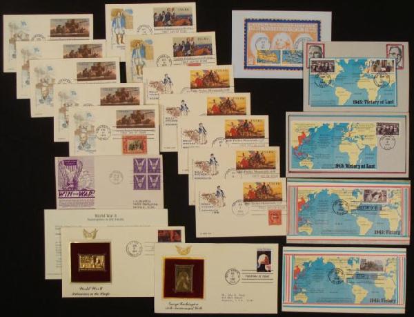 20 FDC First Day Military Covers 1940s-90s: These 20 first day covers all have military themes, including Civil War, and a WW II era Win The War. As an added interest are 5 hand painted envelopes by a postal artist known as Meisels. Two are gol
