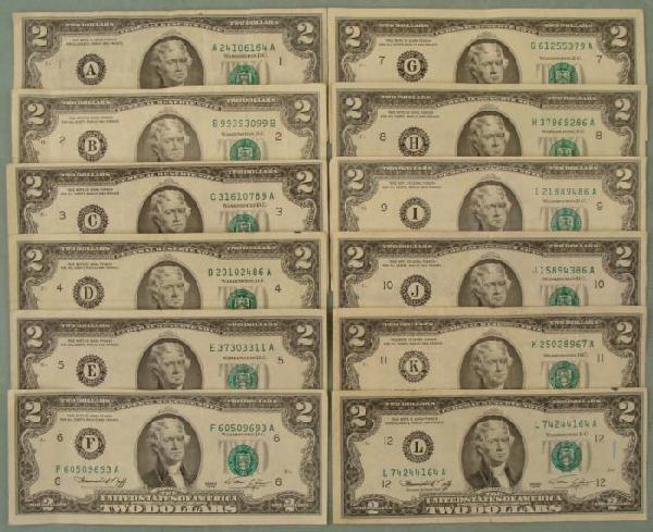 Complete Collection of 12 1976 $2 Bills All Mints A-L: Complete Collection of (12) 1976 $2 Bills containing one from each mint. Mint marks: A, B, C, D, E, F, G, H, I, J, K, L