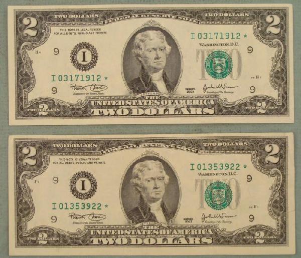 2 Star Notes I Mint 2003 $2 Two Dollar Bills Minn: 2 2003 $2 Star Notes Mint mark: I (Minneapolis)