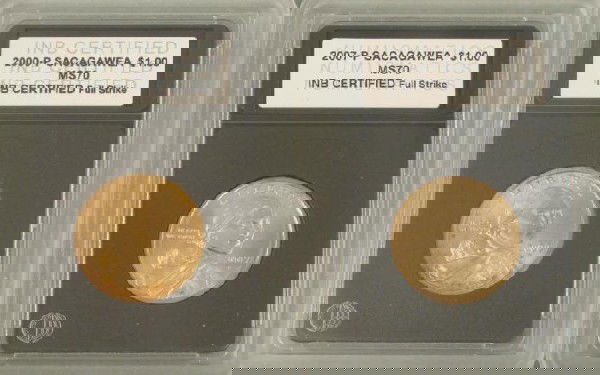 2000-P, 2007-P Sacagawea Dollar Coins Certified MS70: 2000-P + 2007-P Sacagawea Dollar CoinsGrade: Mint State 70INB Certified