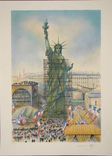 Rolf Rafflewski STATUE OF LIBERTY Signed LE Art Print: Rolf Rafflewski created this impressive print entitled "The Inauguration de la Statue de la Libert&ecute;" in 1986 on the occasion of her 100th anniversary: Lithography on Arches like paper Signed in 