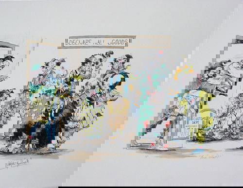 Wayne Howell Clown Caricature Fine Art Print YOUR NEXT: This intriguing clown art caricature of the trials and tribulations of customs inspections is by noted clown artist Wayne Howell: Title: "You're Next!" Lithography on Arches-like paper Hand signed in