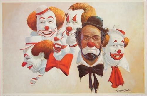 Delightful Robert Owen Colorful Clown Art BUBANK SIX: This colorful print is by famous clown artist Robert Owen: Title: "Burbank Six" Off-set printed on glossy stock Artist's signature appears in the plate LR Ira Roberts Publishing © 1975 in the LR 