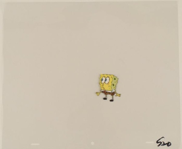 Animation Cel SpongeBob Looking Amazment Art Original: This original animation cel is from the Nickelodeon TV show SpongeBob Squarepants. The story takes place under the deep blue sea in Bikini Bottom, where SpongeBob resides. Sp
