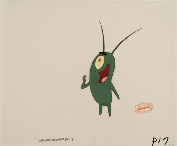 Big Smile Plankton Cel Original SpongeBob Animation Art: This original animation cel is from the Nickelodeon TV show SpongeBob Squarepants. The story takes place under the deep blue sea in Bikini Bottom, where SpongeBob resides. Sp