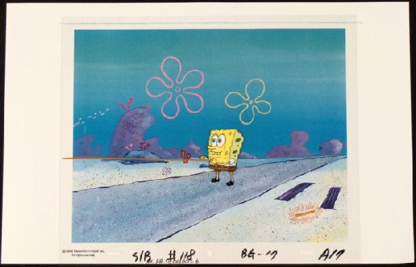 Animation Art Cel Original SpongeBob Holding Background: This animation cel and reproduction background are from the Nickelodeon TV show SpongeBob Squarepants. The story takes place under the deep blue sea in Bikini Bottom, where Sponge