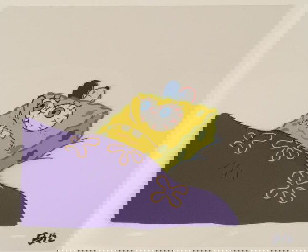 Production Art Cel SpongeBob Red Eyes Sleep Original: This original animation cel is from the Nickelodeon TV show SpongeBob Squarepants. The story takes place under the deep blue sea in Bikini Bottom, where SpongeBob resides. Sp