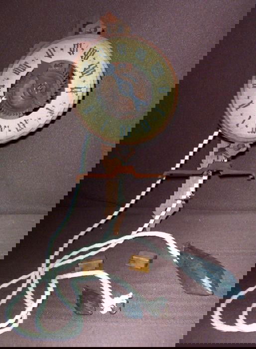 Bott Vintage Swiss Wooden Clock w/ Weight All Wood: All the parts on this vintage Swiss made clock are wooden, except for the weight which are metal. The side is signed "Bott," which we believe is the maker. This old style numerals are printed in black