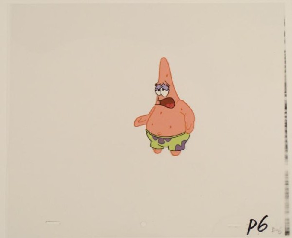 Production Cel Original Shrug Shoulders SpongeBob Art: This original animation cel is from the Nickelodeon TV show SpongeBob Squarepants. The story takes place under the deep blue sea in Bikini Bottom, where SpongeBob resides. Sp