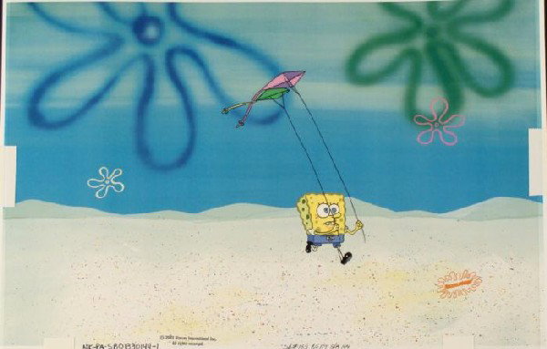 Production Background SpongeBob Cel Art Original Kites: This animation cel and reproduction background are from the Nickelodeon TV show SpongeBob Squarepants. The story takes place under the deep blue sea in Bikini Bottom, where Sponge