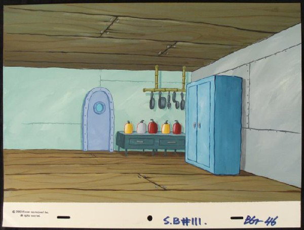 Background Kitchen Original SpongeBob Animation Art: This original hand-painted background from the Nickelodeon TV show SpongeBob Squarepants. The story takes place under the deep blue sea in Bikini Bottom, where SpongeBob resi