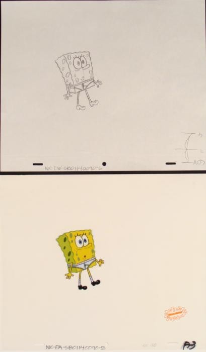 Drawing Original Spongebob Zombie Walk Cel Animation: This original animation cel and drawing are from the Nickelodeon TV show SpongeBob Squarepants. The story takes place under the deep blue sea in Bikini Bottom, where Spo