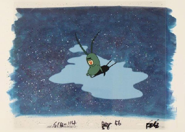 In Puddle Original Animation Cel Background SpongeBob: This animation cel and reproduction background are from the Nickelodeon TV show SpongeBob Squarepants. The story takes place under the deep blue sea in Bikini Bottom, where Sponge