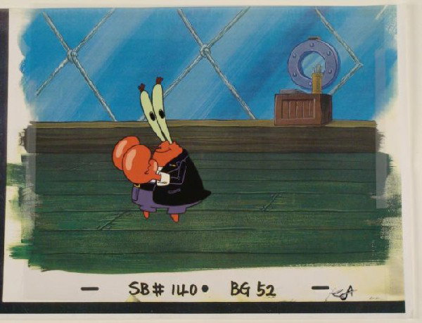 Cel Krabs Original SpongeBob Background Production Art: This animation cel and reproduction background are from the Nickelodeon TV show SpongeBob Squarepants. The story takes place under the deep blue sea in Bikini Bottom, where S
