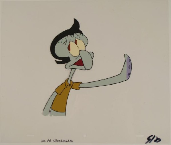 SpongeBob Squidward Too Cool Original Animation Art Cel: This original animation cel is from the Nickelodeon TV show SpongeBob Squarepants. The story takes place under the deep blue sea in Bikini Bottom, where SpongeBob resides. Sp
