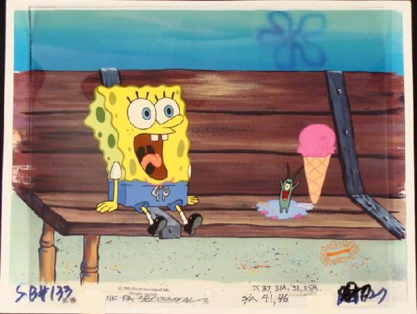 Spongebob Cel Original Animation Background All Control: This original animation cel and reproduction background are from the Nickelodeon TV show SpongeBob Squarepants. The story takes place under the deep blue sea in Bikini B